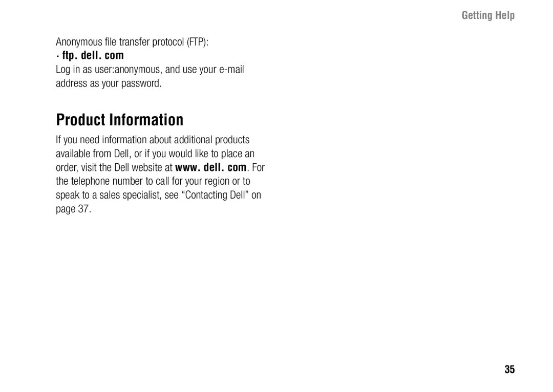 Dell F243R, 1427 setup guide Product Information, Anonymous file transfer protocol FTP, · ftp. dell. com 