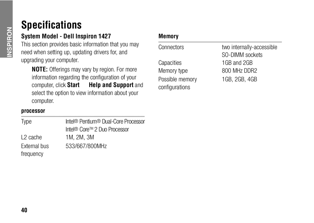 Dell 1427, F243R setup guide Specifications, System Model Dell Inspiron, Processor, Memory 