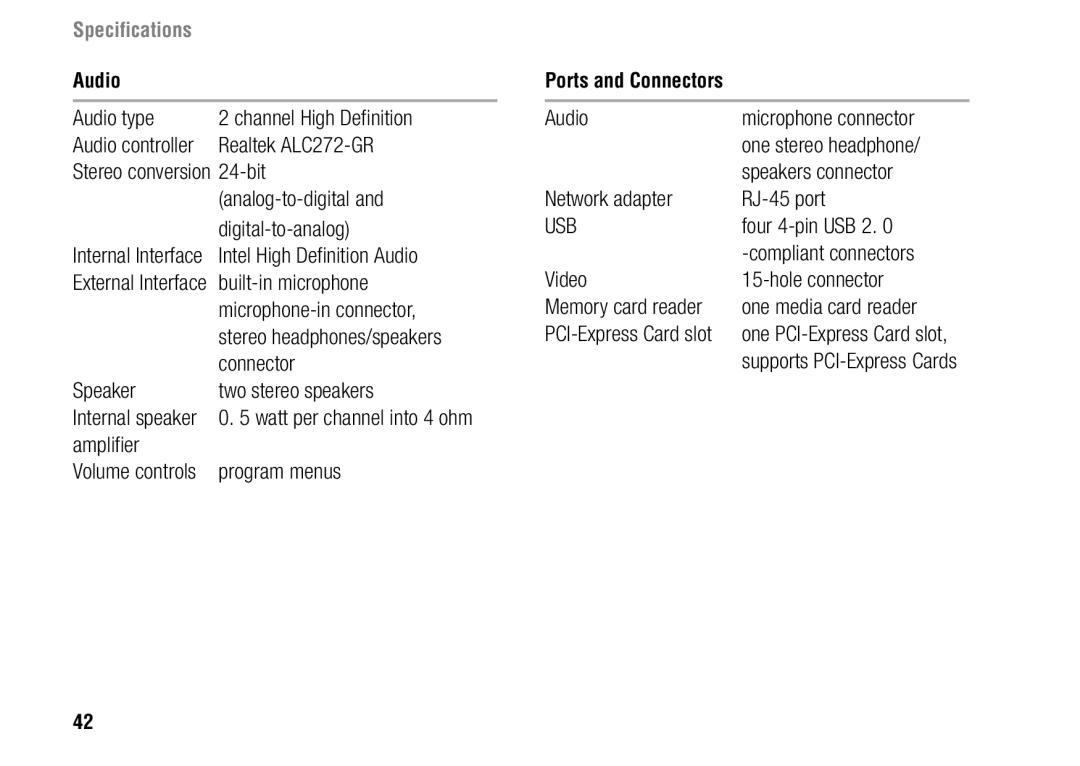 Dell 1427, F243R setup guide Audio, Ports and Connectors 