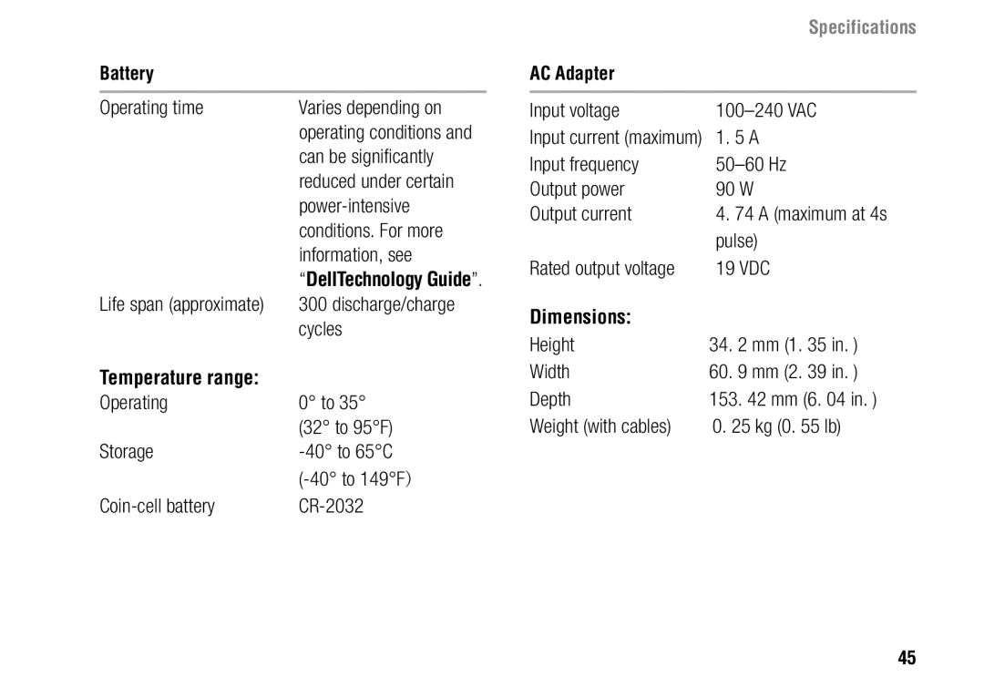 Dell F243R, 1427 setup guide Temperature range, AC Adapter, Dimensions 