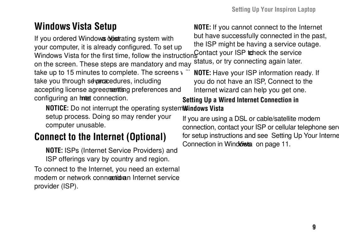 Dell 1427 setup guide Windows Vista Setup, Setting Up a Wired Internet Connection in Windows Vista 