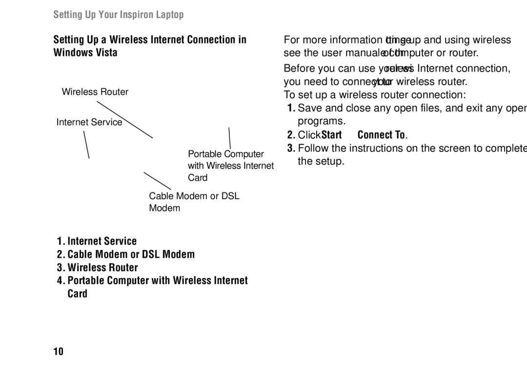 Dell 1427 setup guide Setting Up a Wireless Internet Connection in Windows Vista, Click Start → Connect To 