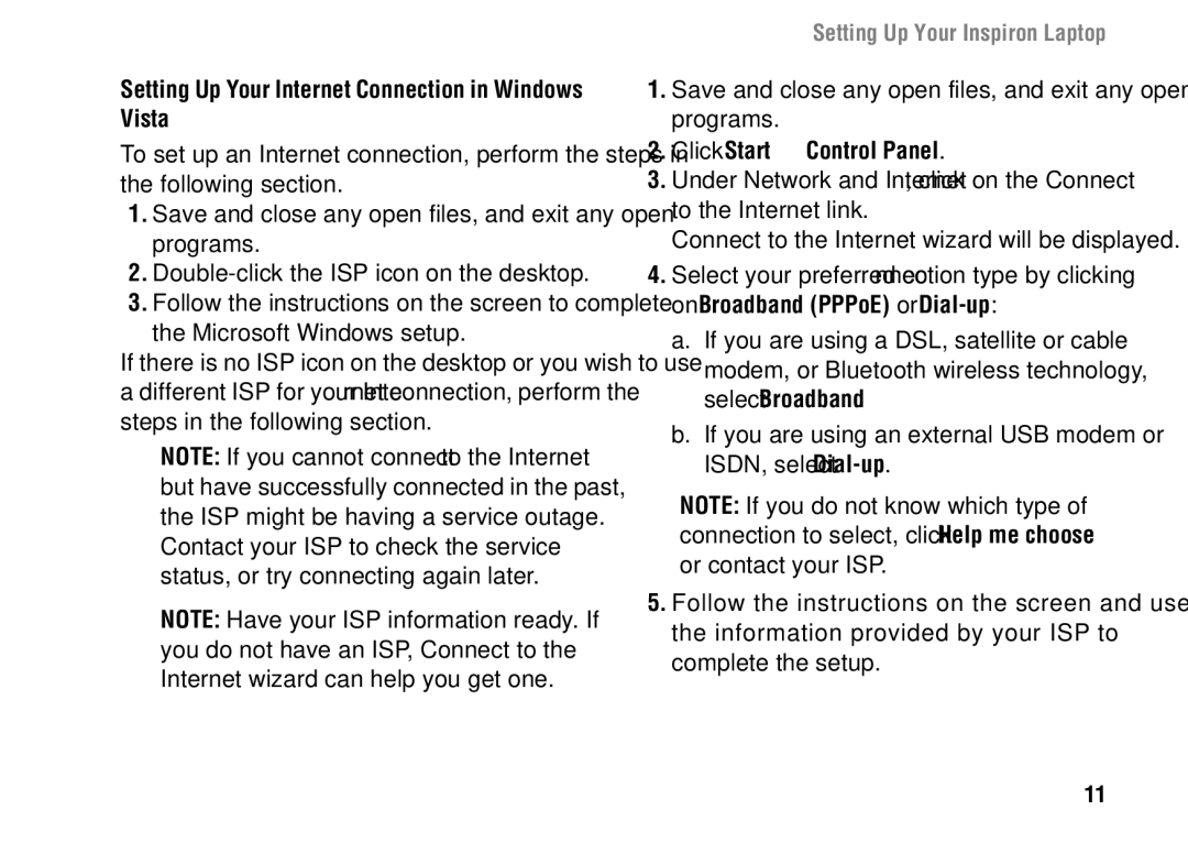 Dell 1427 setup guide Setting Up Your Internet Connection in Windows Vista, Click Start → Control Panel 