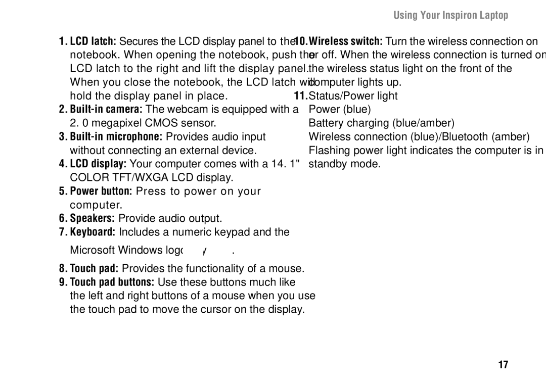 Dell 1427 setup guide Status/Power light Power blue 