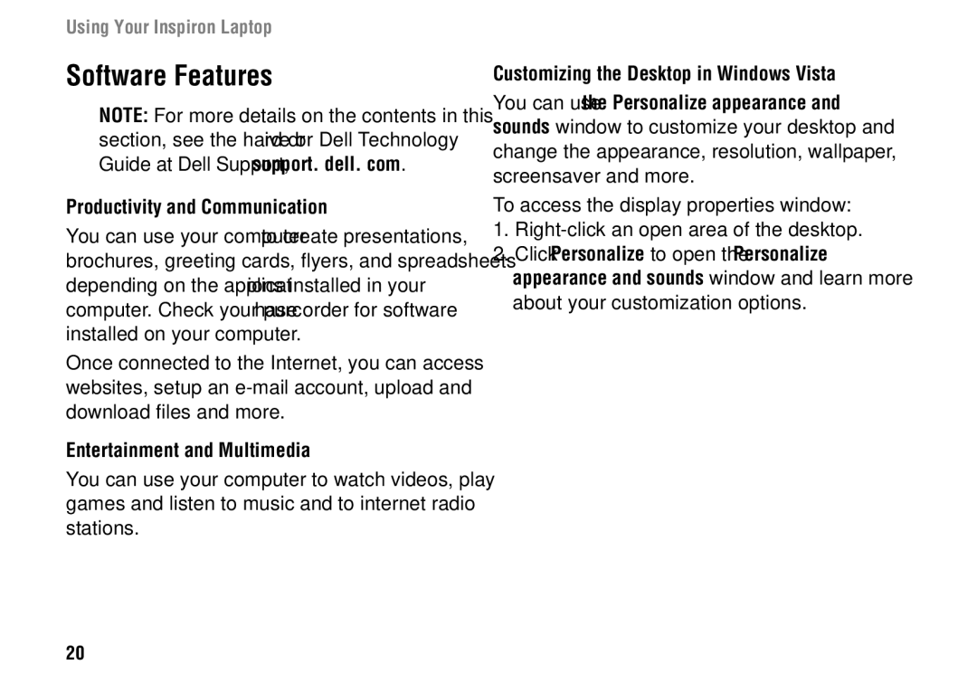 Dell 1427 setup guide Software Features, Productivity and Communication, Entertainment and Multimedia 