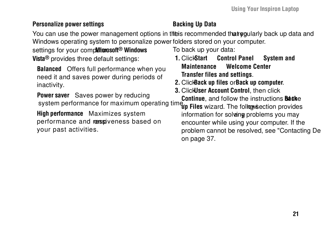 Dell 1427 setup guide Personalize power settings, Backing Up Data 