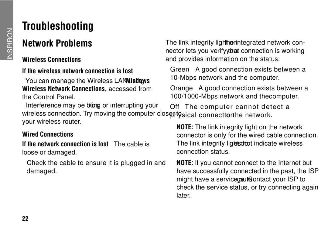 Dell 1427 setup guide Troubleshooting, Network Problems, Check the cable to ensure it is plugged in and not damaged 