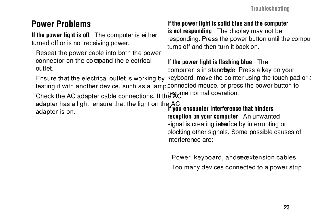 Dell 1427 setup guide Power Problems, Troubleshooting 