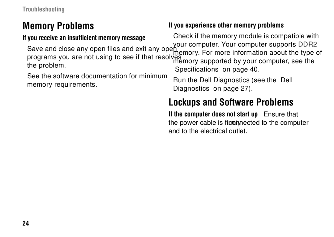 Dell 1427 setup guide Memory Problems, Lockups and Software Problems, If you experience other memory problems 