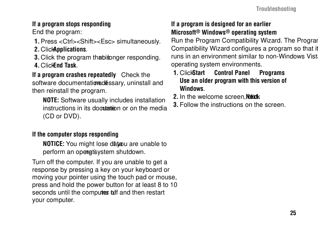 Dell 1427 setup guide If a program stops responding, Click Applications, Click End Task, If the computer stops responding 