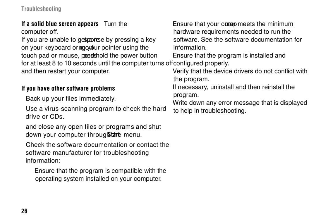 Dell 1427 setup guide If a solid blue screen appears Turn, Computer off, If you have other software problems 