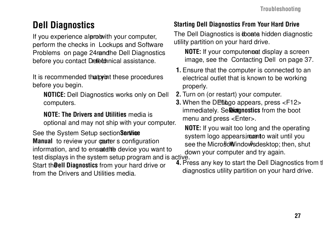 Dell 1427 setup guide Starting Dell Diagnostics From Your Hard Drive 