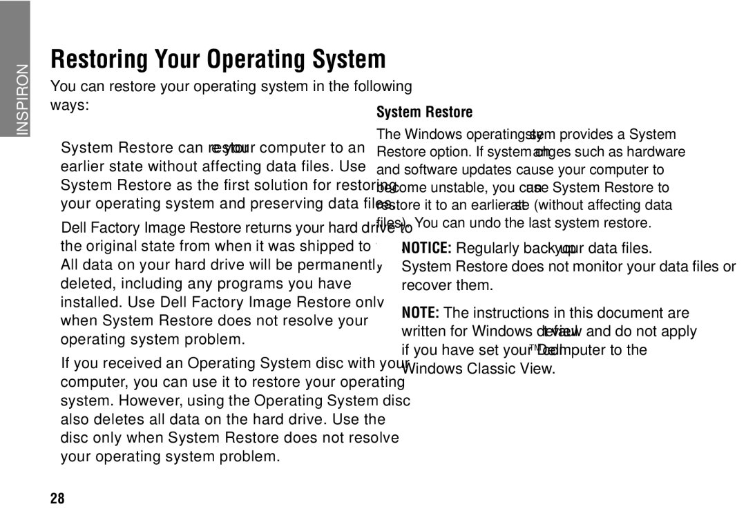 Dell 1427 Restoring Your Operating System, You can restore your operating system in the following ways, System Restore 