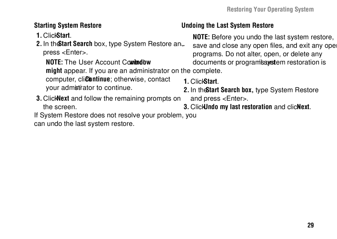 Dell 1427 Starting System Restore, Undoing the Last System Restore, Click Undo my last restoration and click Next 