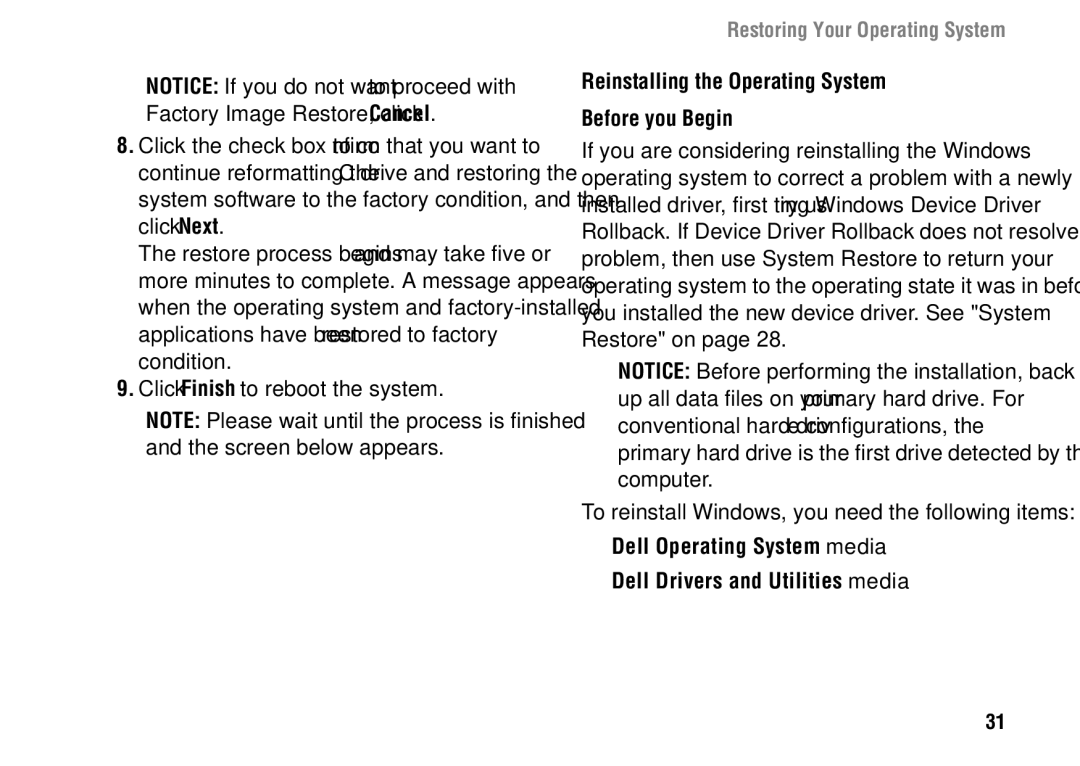 Dell 1427 setup guide Click Finish to reboot the system, Reinstalling the Operating System Before you Begin 