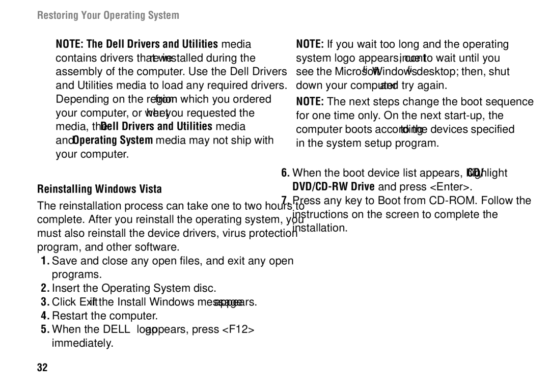 Dell 1427 setup guide Reinstalling Windows Vista 