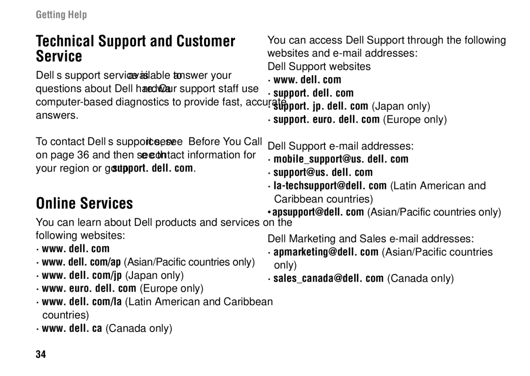 Dell 1427 setup guide Technical Support and Customer Service, Online Services, Dell Support e-mail addresses 