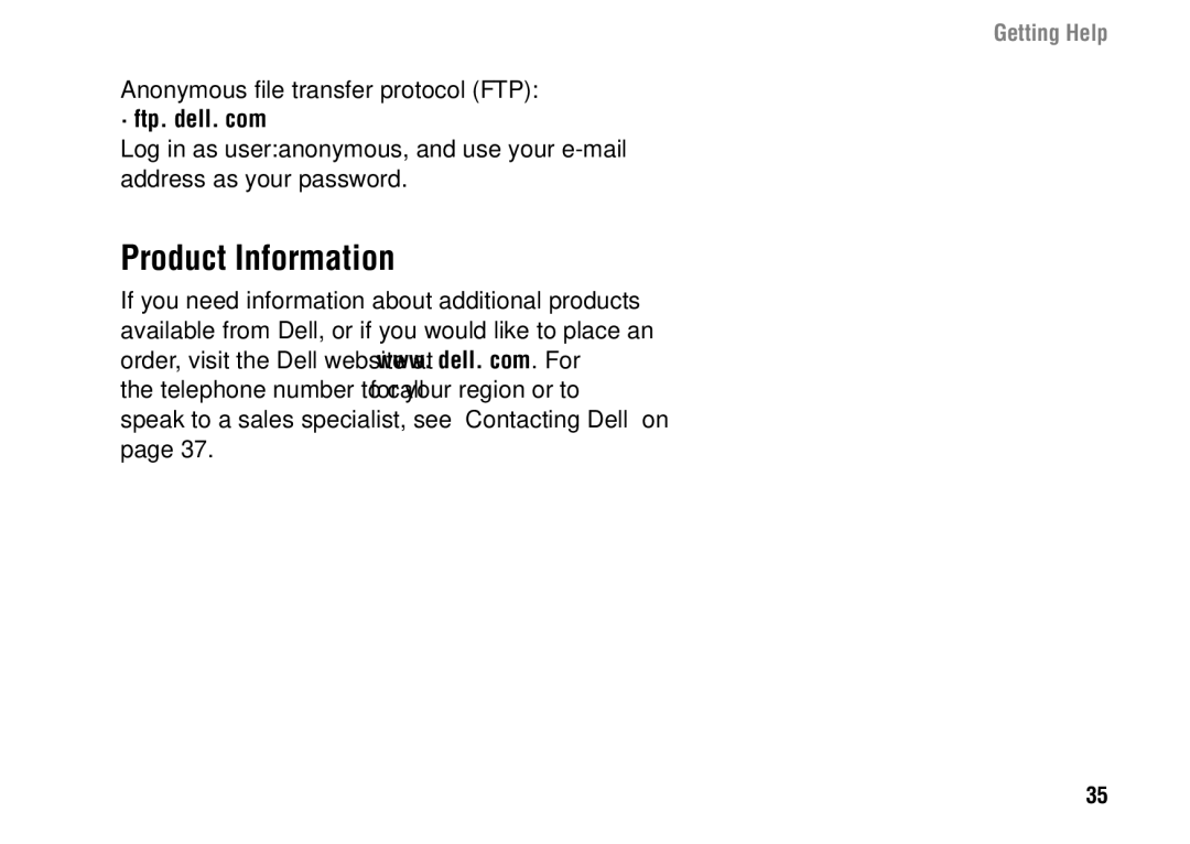 Dell 1427 setup guide Product Information, Anonymous file transfer protocol FTP, · ftp. dell. com 