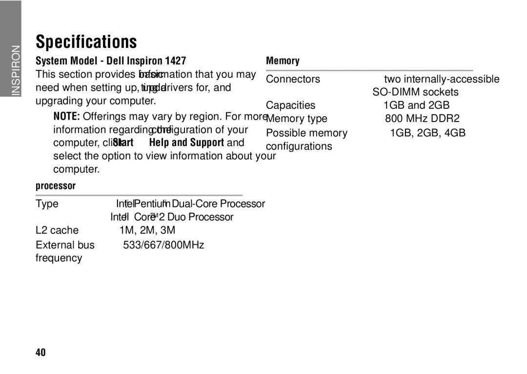 Dell 1427 setup guide Specifications, System Model Dell Inspiron, Processor, Memory 