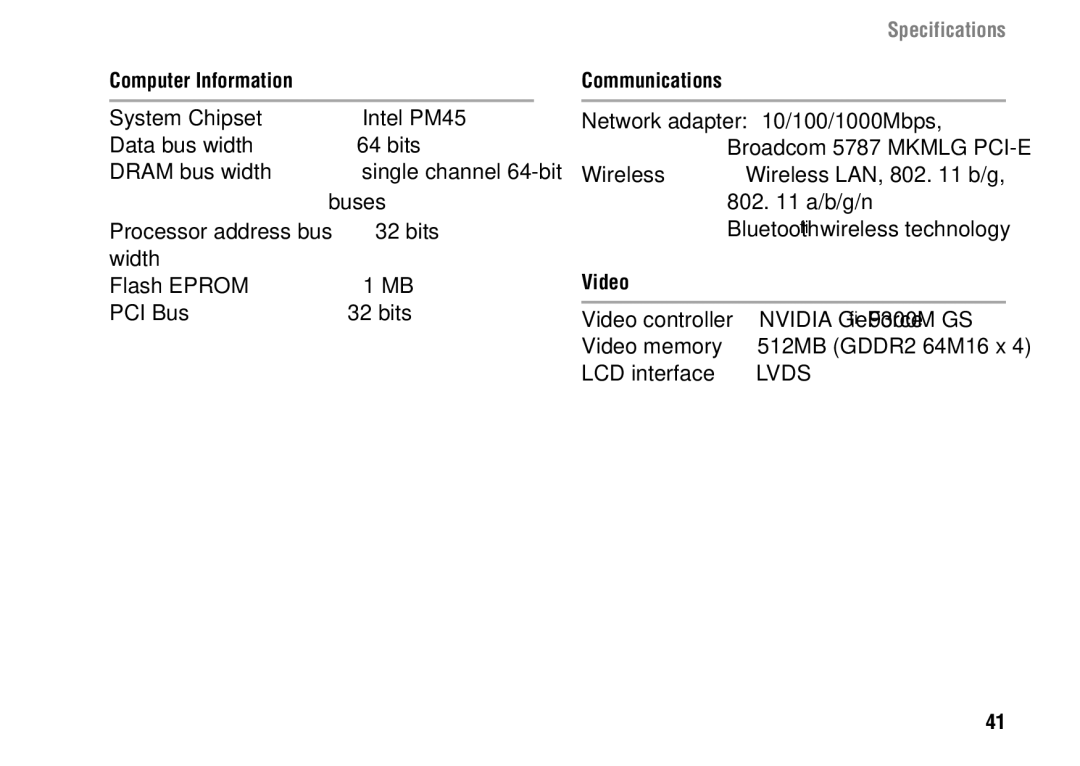 Dell 1427 setup guide Computer Information, Buses, Width Flash Eprom PCI Bus Bits, Communications, Video 