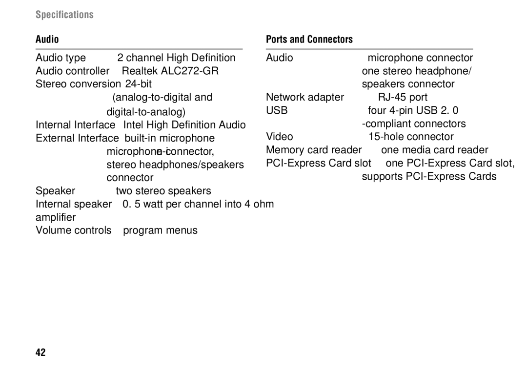 Dell 1427 setup guide Audio, Ports and Connectors 