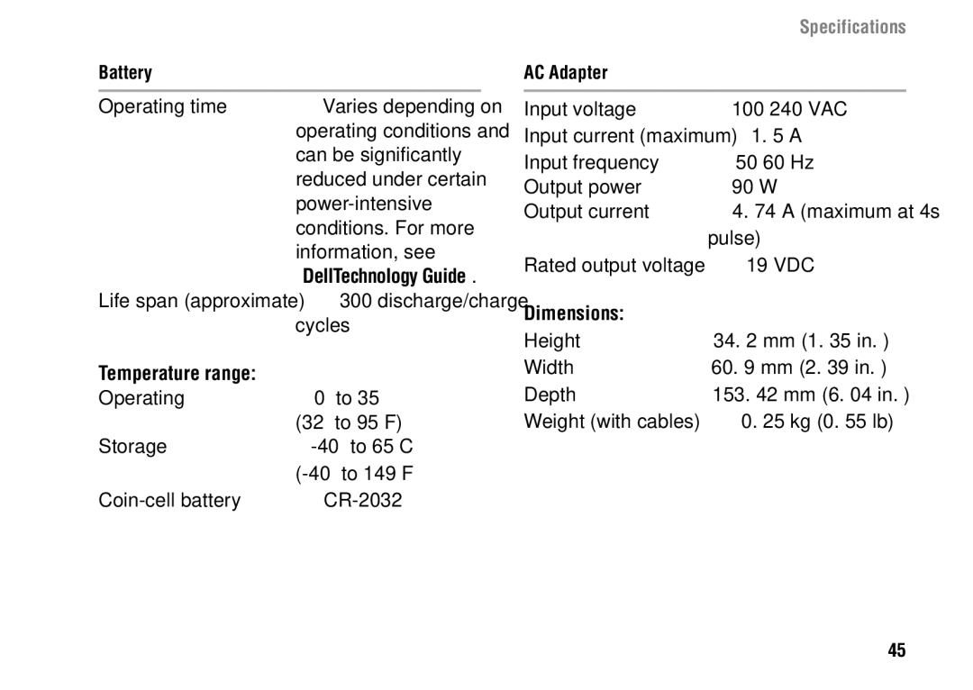 Dell 1427 setup guide Temperature range, AC Adapter, Dimensions 