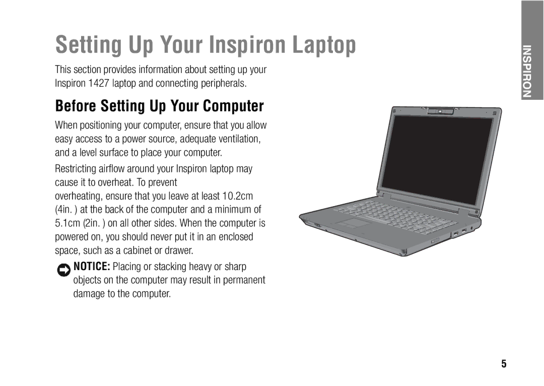 Dell 1427 setup guide Setting Up Your Inspiron Laptop, Before Setting Up Your Computer 