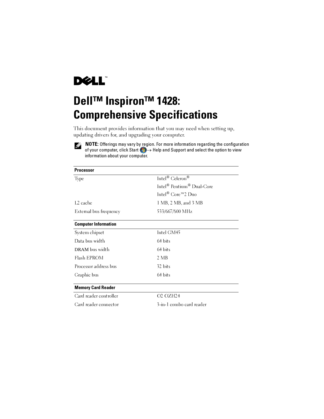 Dell 1428 specifications Processor, Computer Information, Memory Card Reader 