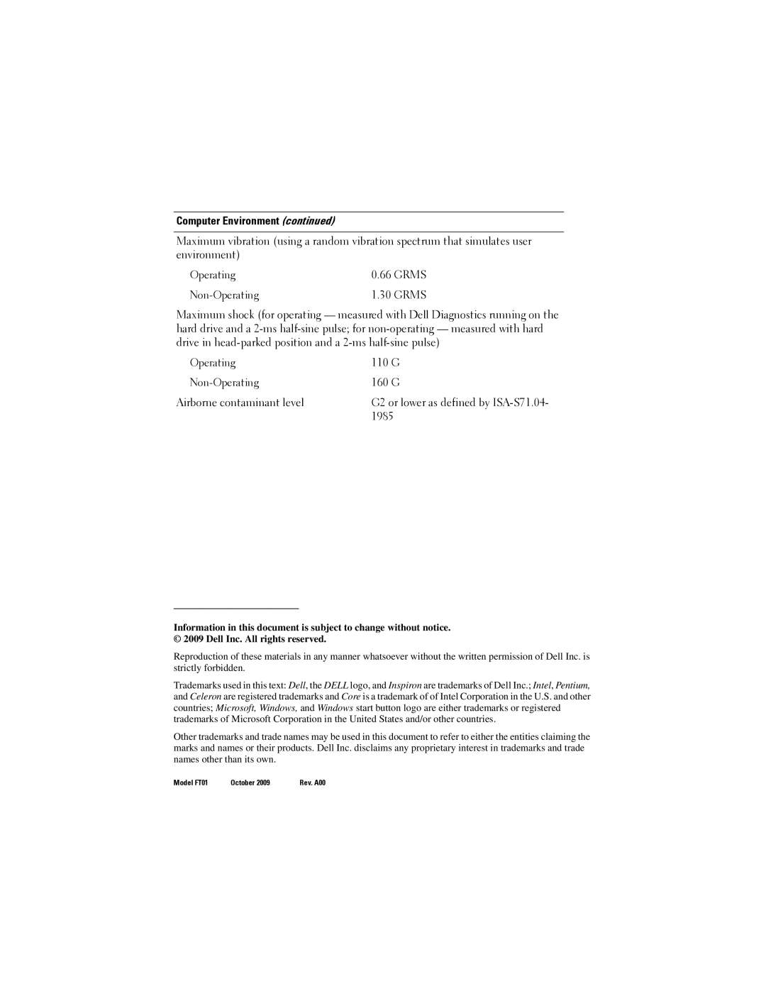 Dell 1428 specifications Non-Operating 