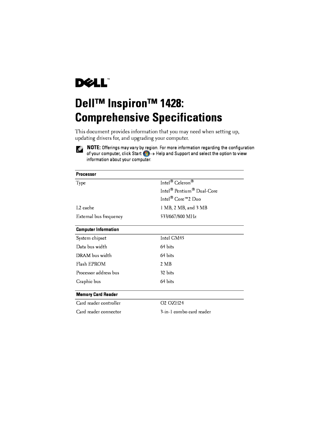 Dell 1428 specifications Processor, Computer Information, Memory Card Reader 