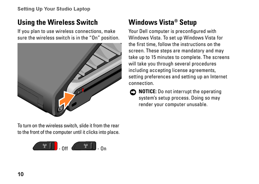 Dell P479C, 1435, PP24L setup guide Using the Wireless Switch, Windows Vista Setup 