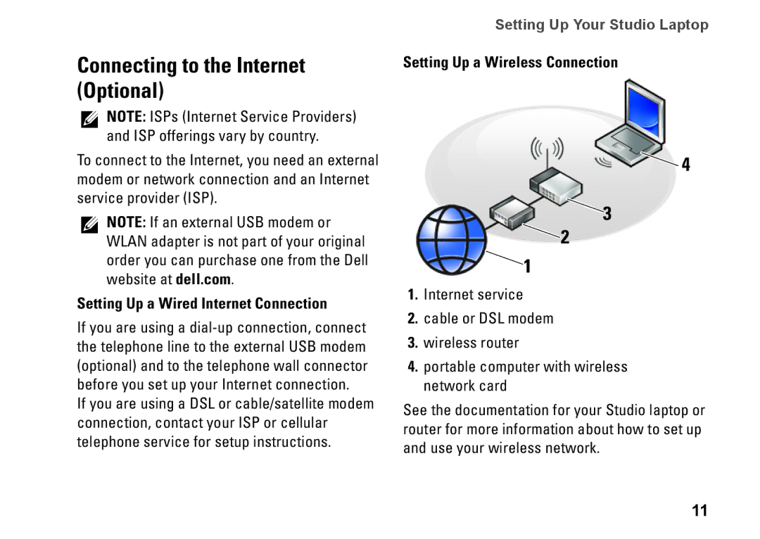 Dell PP24L Connecting to the Internet Optional, Setting Up a Wired Internet Connection, Setting Up a Wireless Connection 