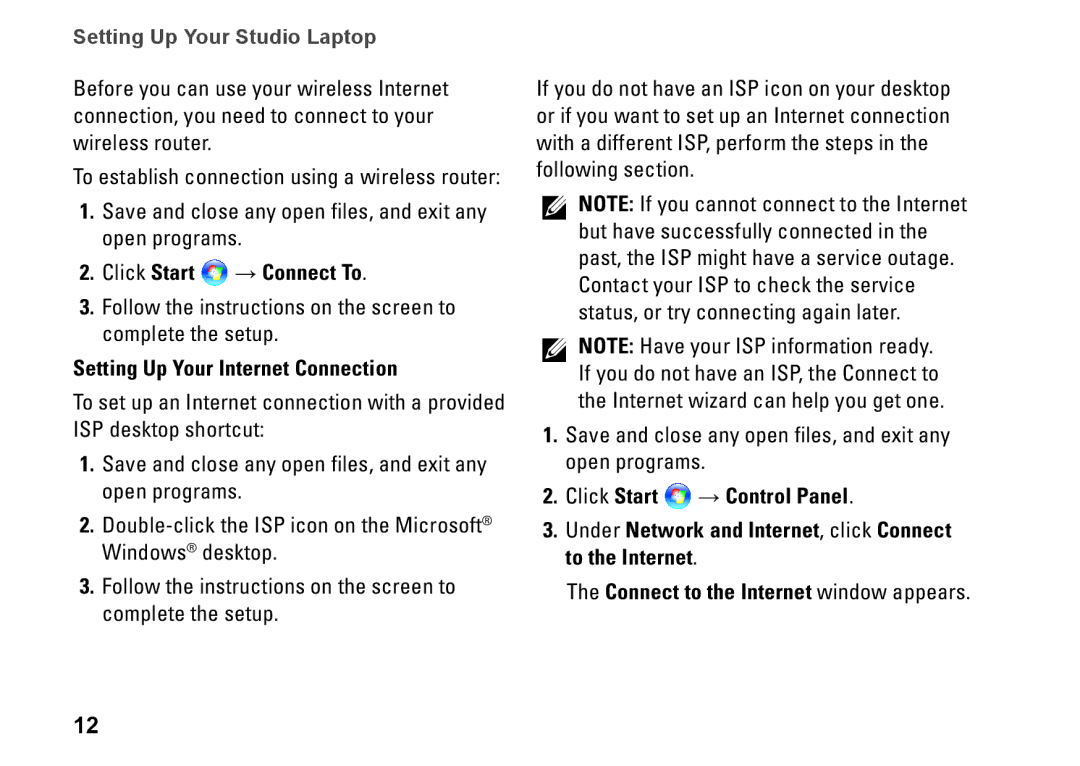 Dell 1435, P479C, PP24L setup guide Click Start → Connect To, Setting Up Your Internet Connection 