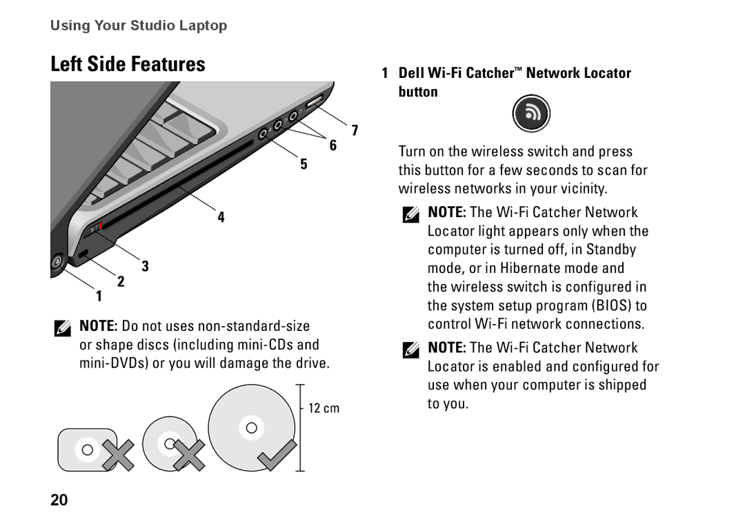 Dell PP24L, 1435, P479C Left Side Features, Dell Wi-Fi Catcher Network Locator Button, Wireless networks in your vicinity 