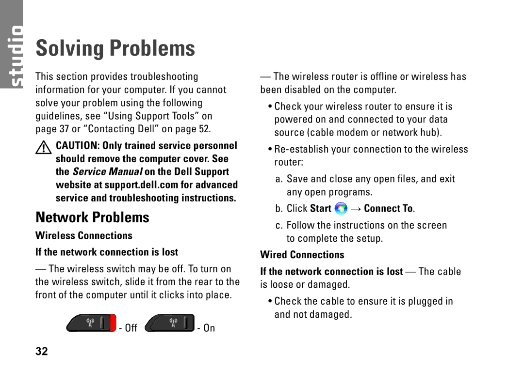 Dell PP24L, 1435, P479C Solving Problems, Network Problems, Wireless Connections If the network connection is lost 