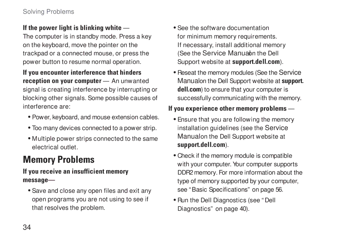 Dell P479C, 1435 Memory Problems, If the power light is blinking white, If you receive an insufficient memory message 