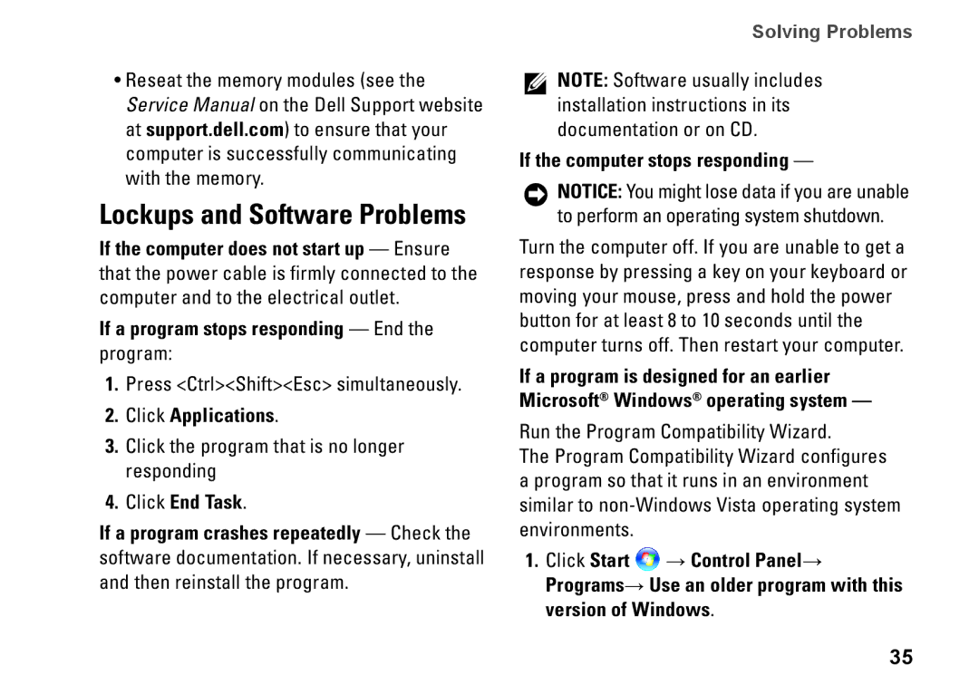 Dell PP24L, 1435, P479C setup guide If a program stops responding End the program, Click Applications, Click End Task 