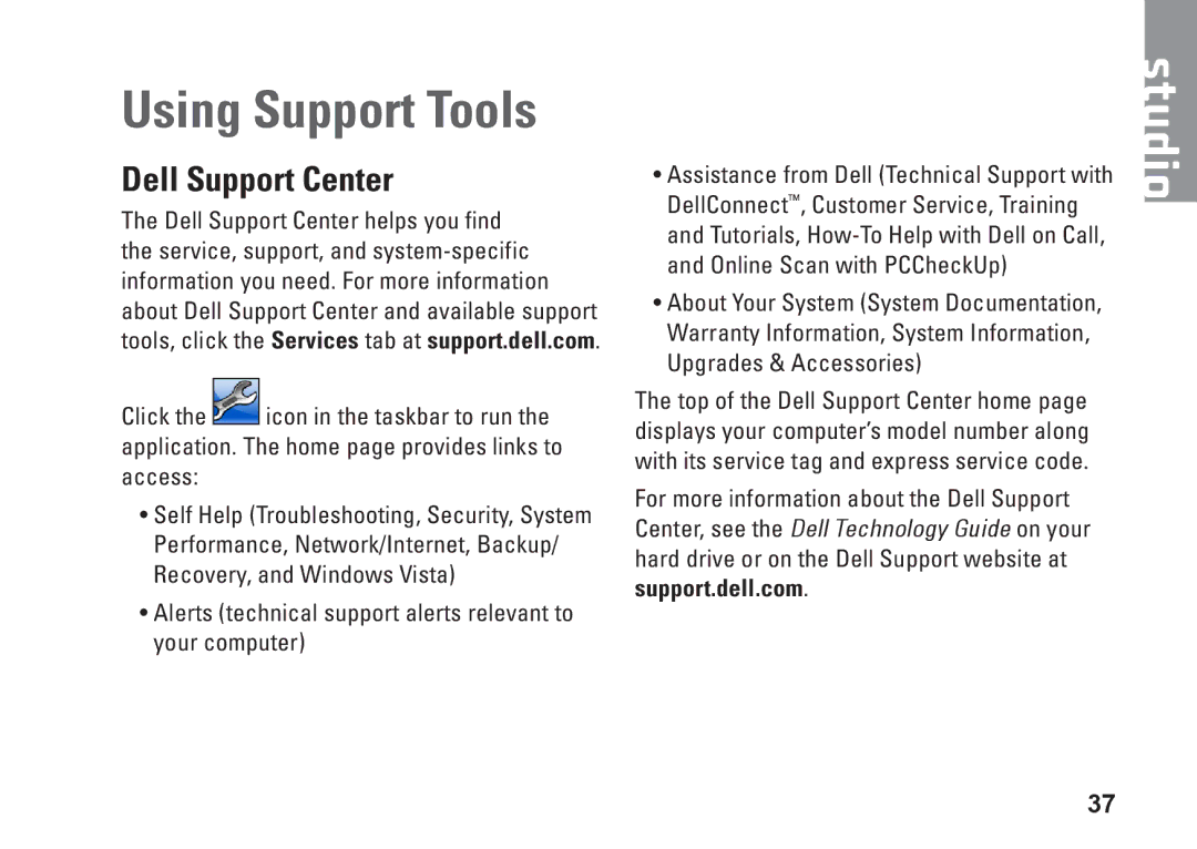 Dell P479C, 1435, PP24L setup guide Using Support Tools, Dell Support Center 