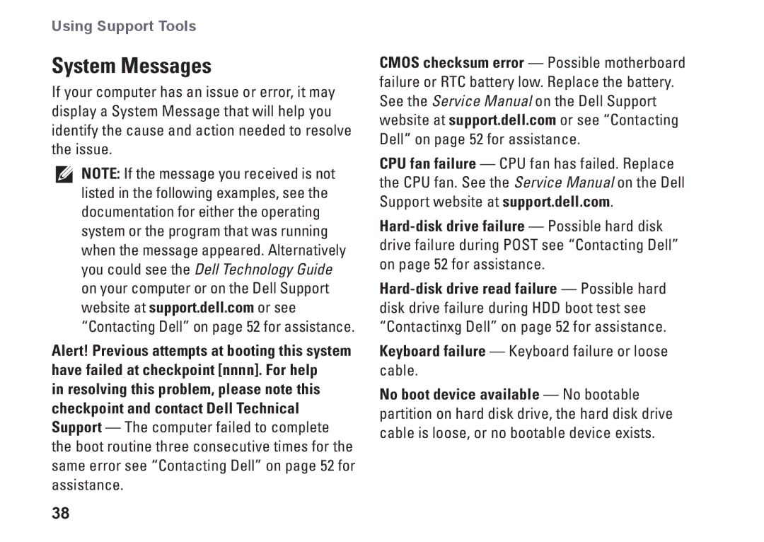 Dell PP24L, 1435, P479C setup guide System Messages, Keyboard failure Keyboard failure or loose cable 