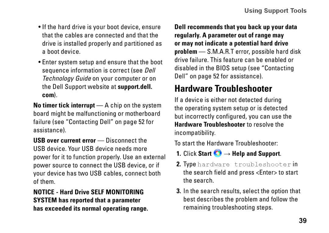 Dell 1435, P479C, PP24L setup guide Hardware Troubleshooter, Click Start → Help and Support 