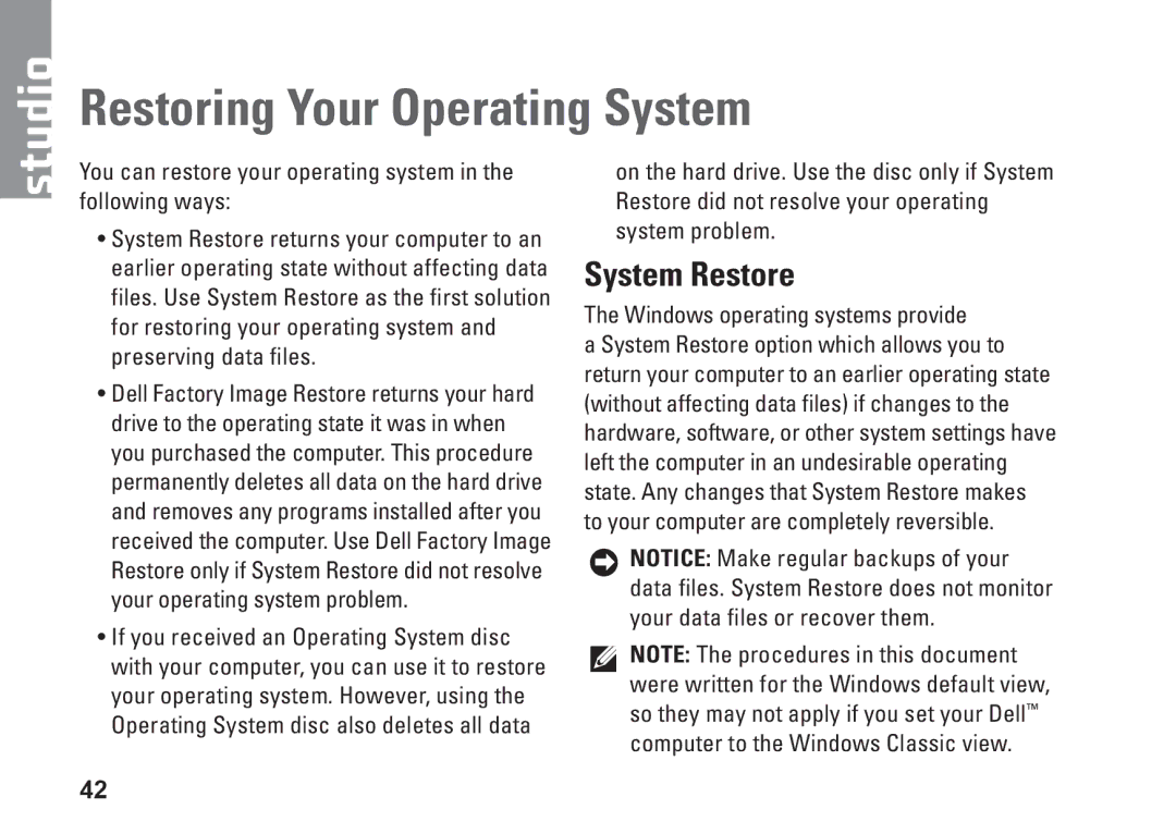 Dell 1435, P479C, PP24L setup guide Restoring Your Operating System, System Restore 