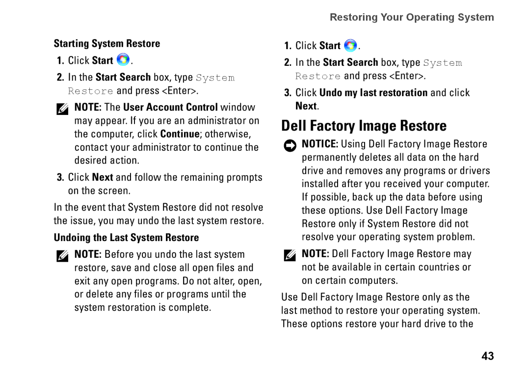 Dell P479C, 1435, PP24L setup guide Dell Factory Image Restore, Starting System Restore, Undoing the Last System Restore 