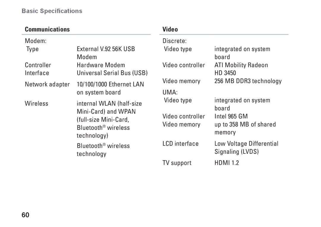 Dell 1435, P479C, PP24L setup guide Communications, Video 