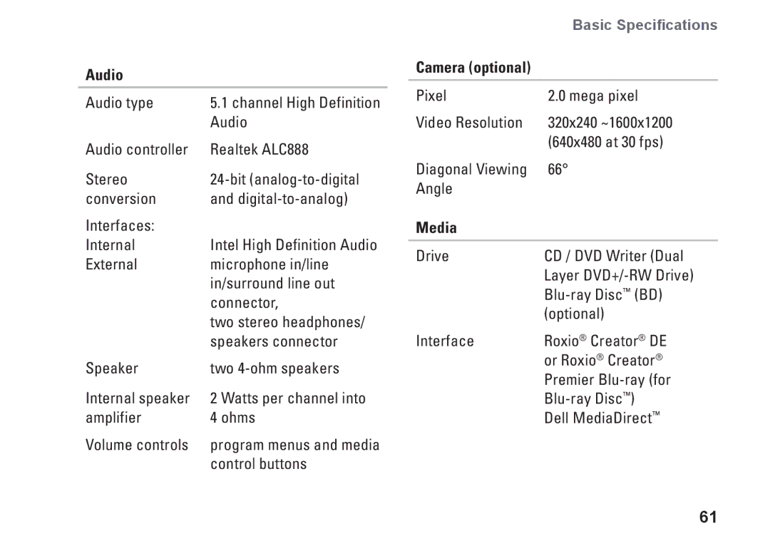 Dell P479C, 1435, PP24L setup guide Audio, Media 