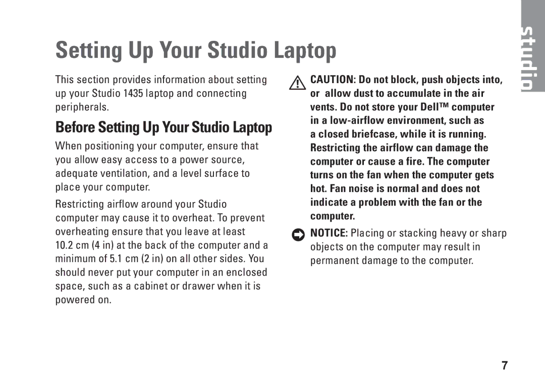 Dell P479C, 1435, PP24L setup guide Before Setting Up Your Studio Laptop 