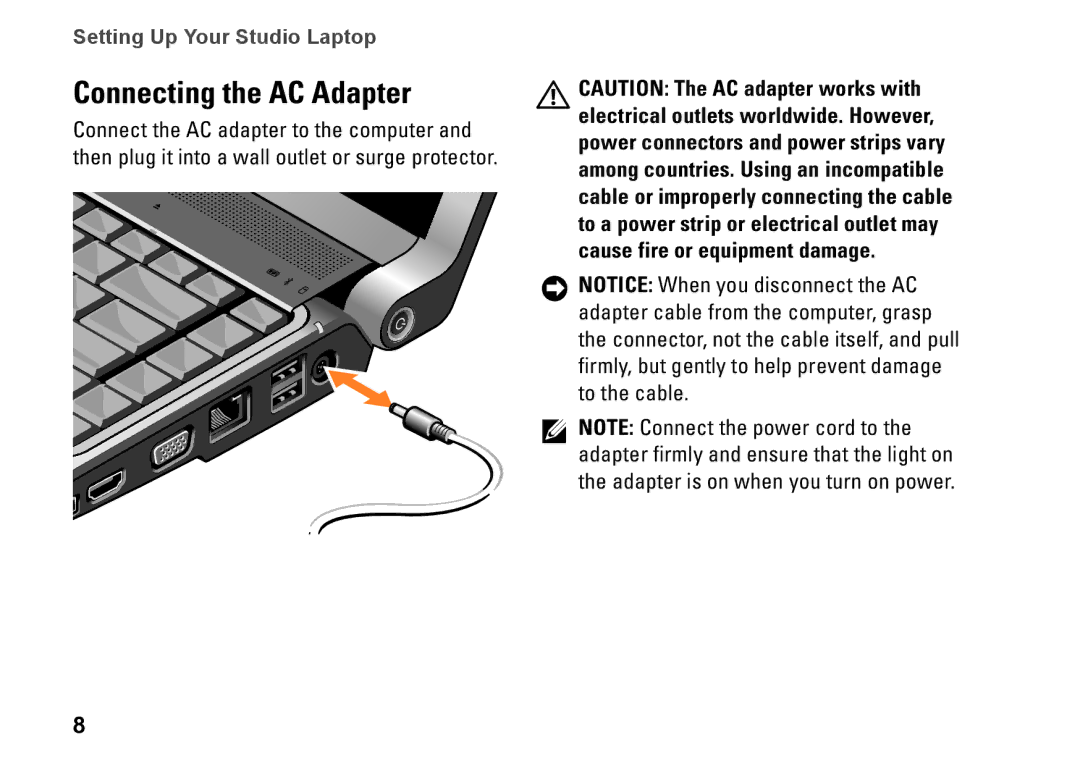 Dell PP24L, 1435, P479C setup guide Connecting the AC Adapter 