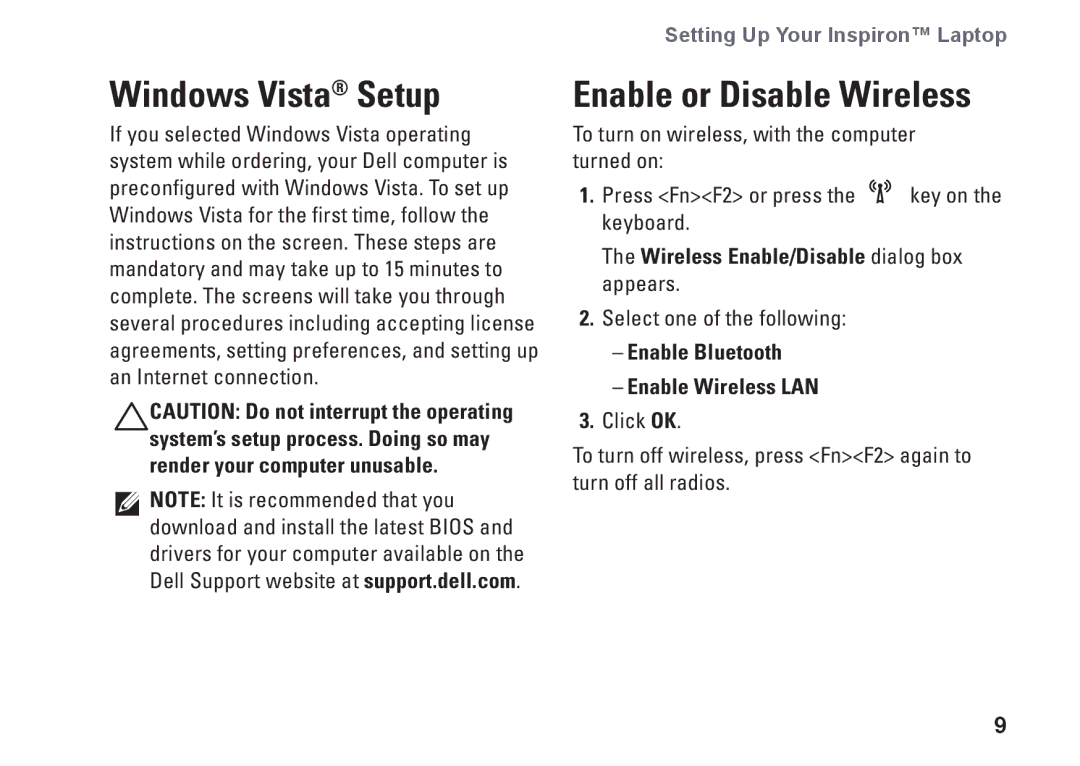 Dell PP42L, 1440, M792N Windows Vista Setup, Enable or Disable Wireless, Wireless Enable/Disable dialog box appears 