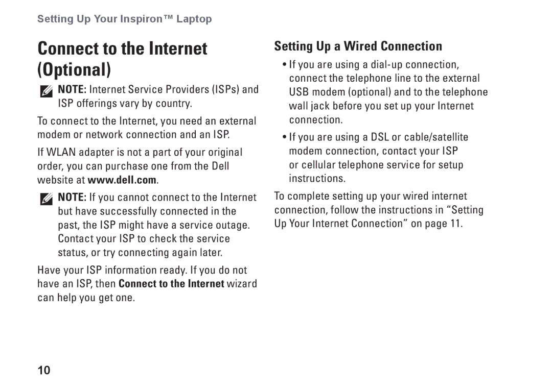 Dell 1440, M792N, PP42L setup guide Connect to the Internet Optional, Setting Up a Wired Connection 