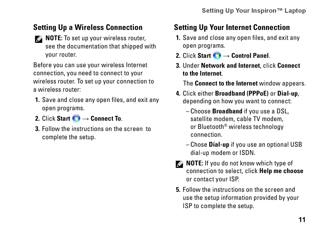 Dell M792N, 1440, PP42L Setting Up a Wireless Connection, Setting Up Your Internet Connection, Click Start → Connect To 