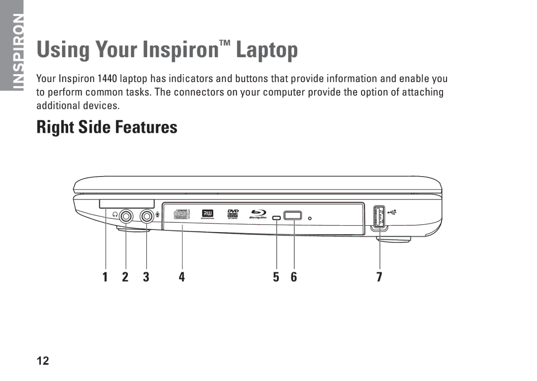 Dell PP42L, 1440, M792N setup guide Using Your Inspiron Laptop, Right Side Features 